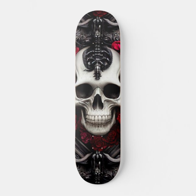 Dunkler und gotischer Schädel und Rose Murial Skateboard (Vorderseite)