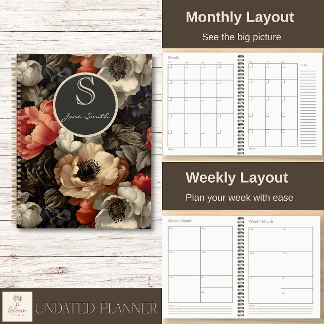 Dunkler Vintage-Blumen-Spiral-Planer  Planer (Beautiful on the outside. Practical on the inside. Personalize your cover and enjoy clear layouts.)
