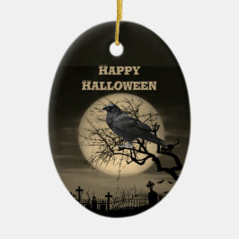 Dunkler Vollmond Friedhof und Raven Halloween Keramik Ornament