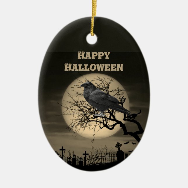 Dunkler Vollmond Friedhof und Raven Halloween Keramik Ornament (Vorne)