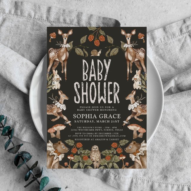 Dunkler Wald Elegant Woodland Animals Baby Dusche Einladung (Von Creator hochgeladen)
