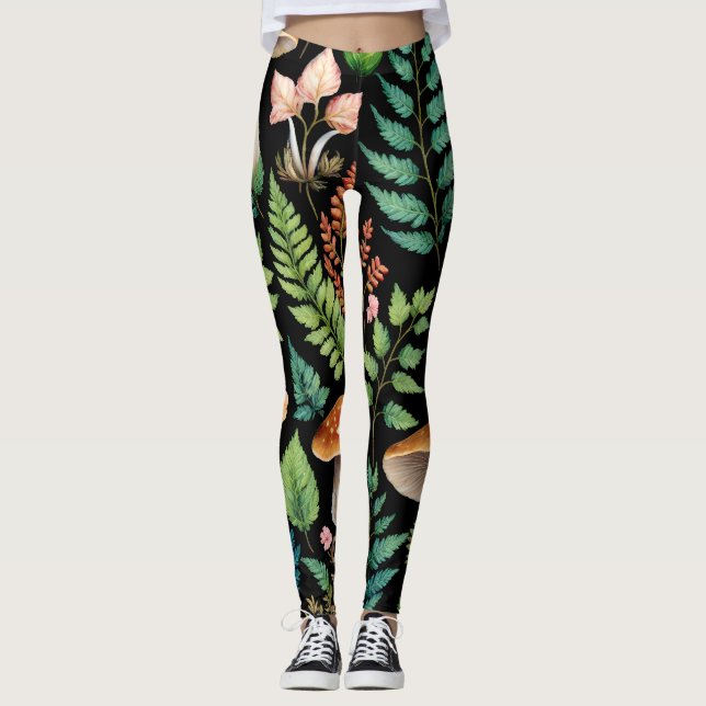 Dunkler Wald Mushroom Woodland Muster Kunst Leggings (Vorderseite)