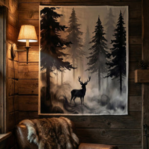 Dunkler Waldteppich mit Hirschen Melancholische Wandteppich