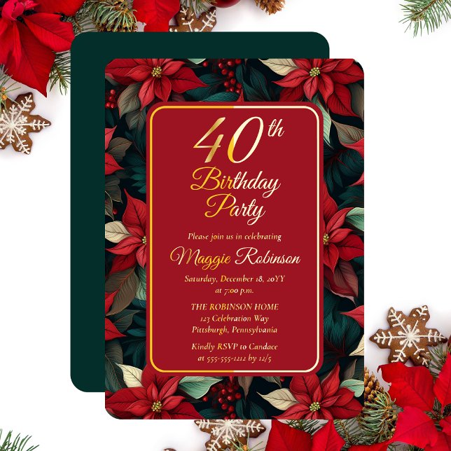 Dunkler Weihnachtsfeiertag Floral 40. Geburtstag P Folieneinladung (Elegant Dark and Moody Poinsettias Christmas and Holiday 40th Birthday Party Gold Foil Invitation)