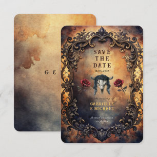 Dunkler Western-Gothic-Büffelschädel und Samtrosen Save The Date