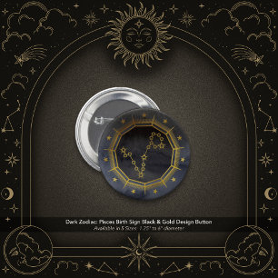 Dunkler Zodiac: Fische-Sternzeichen Schwarz-Gold-D Button