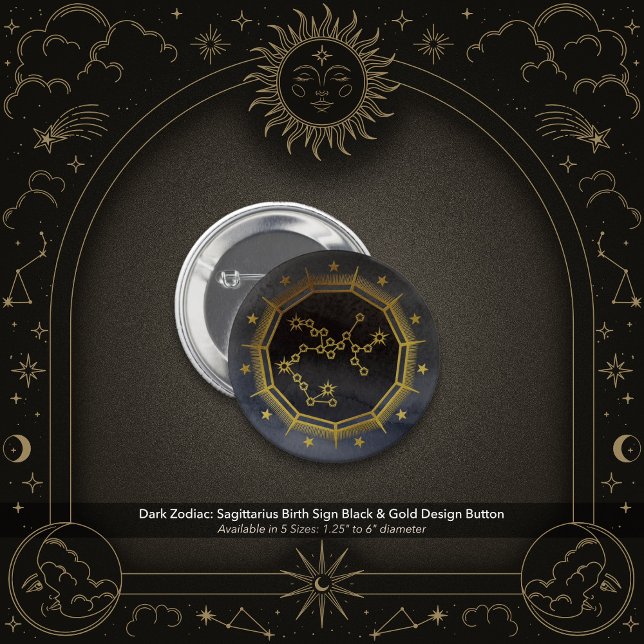 Dunkler Zodiac: Schütze Sternzeichen Schwarz & Gol Button (Dark Zodiac: Sagittarius Birth Sign Black & Gold Button)
