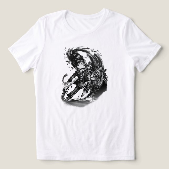 Dunkles Anime-Mädchen mit riesiger Katze ART Tri-Blend Shirt (Design Vorderseite)