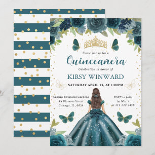 Dunkles Aqua-Kleid Brünette Prinzessin Quinceanera Einladung