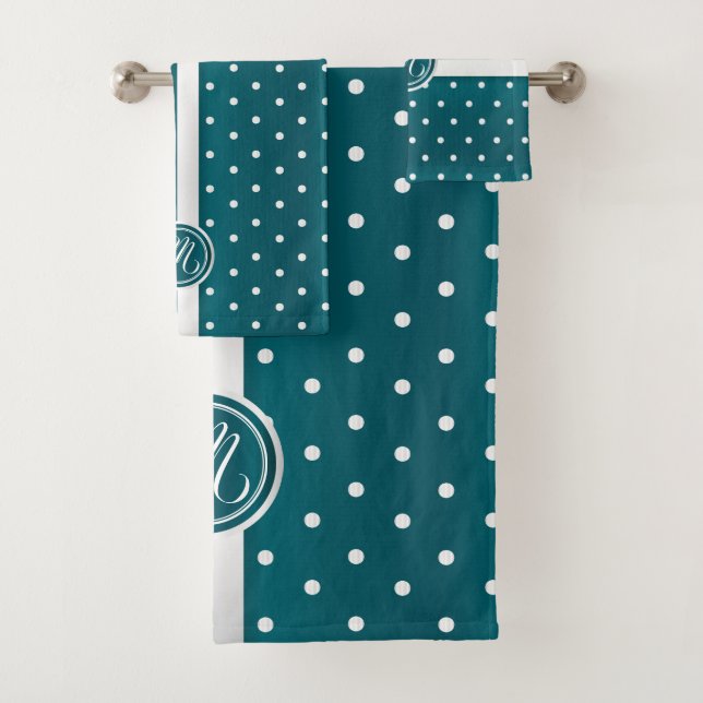 Dunkles Aquamarines Monogramm-Polka-Dottern-Muster Badhandtuch Set (Insitu)