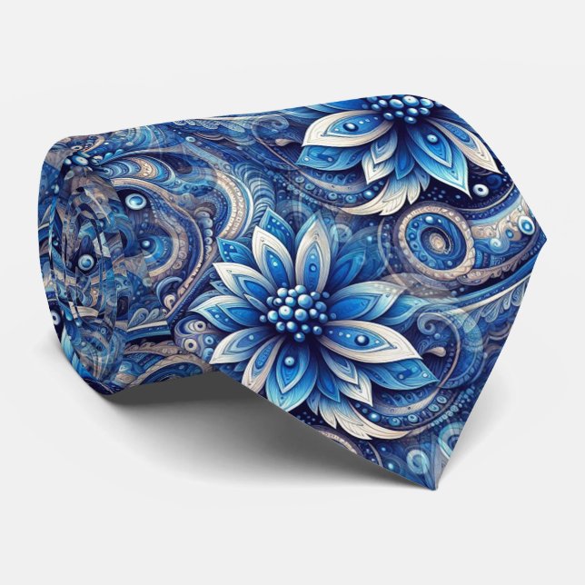 Dunkles Azure-Navy-Blau-Schwarzes Paisley-Kunstmus Krawatte (Gerollt)