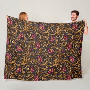 Dunkles Barock-Blumenmuster mit goldenen Schnörkel Fleecedecke