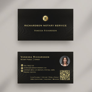 Dunkles Black & Gold Monogram Sleek Notary QR Foto Visitenkarte