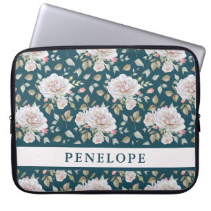 Dunkles Blau mit Blumen und Namen Laptopschutzhülle
