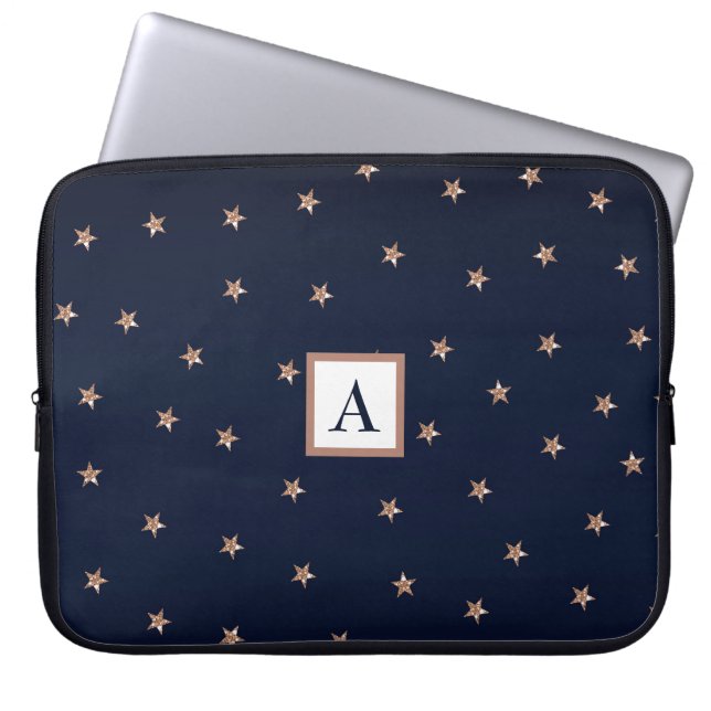 Dunkles Blau & Rose Gold Pink Glittery Sterne Star Laptopschutzhülle (Vorderseite)