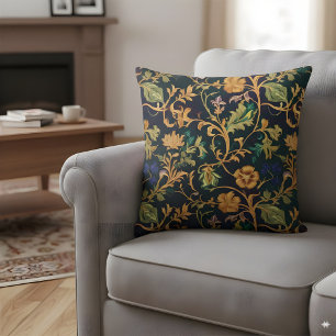 Dunkles Blumen-Kissen Navy Gold Botanisch Kissen