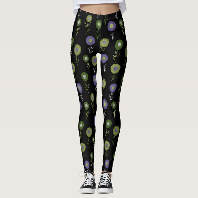 Dunkles Blumenmuster - Grünes Lila Rundmuster - Bl Leggings (Vorderseite)