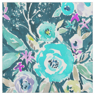 Dunkles Boho blaues BlumenAquarell-Muster Stoff