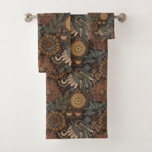 Dunkles Boho-Terrakotta-Sage-Botanikmuster Badhandtuch Set