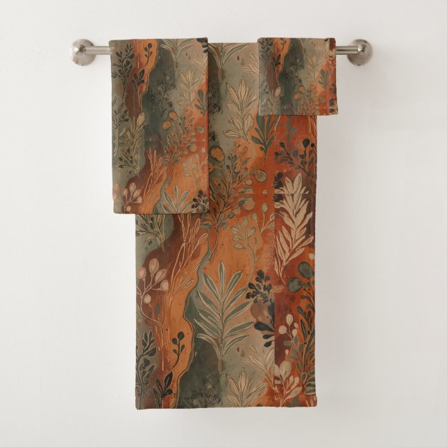 Dunkles Boho-Terrakotta-Sage-Botanikmuster  Badhandtuch Set (Insitu)