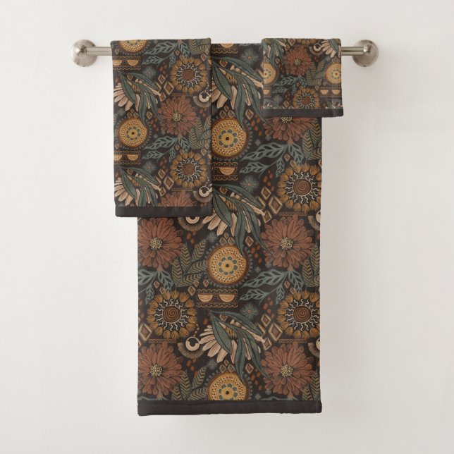 Dunkles Boho-Terrakotta-Sage-Botanikmuster Badhandtuch Set (Insitu)