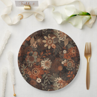 Dunkles Boho-Terrakotta-Sage-Botanikmuster Pappteller