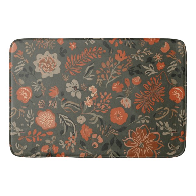 Dunkles Boho-Terrakotta-Salbei-Botanikmuster  Badematte (Vorderseite)