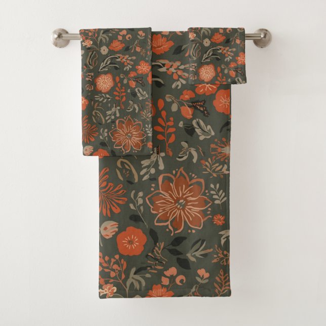 Dunkles Boho-Terrakotta-Salbei-Botanikmuster  Badhandtuch Set (Insitu)