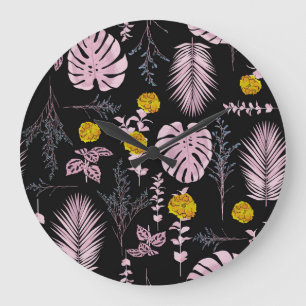 Dunkles botanisches Blumen-Blatt-Muster. Große Wanduhr