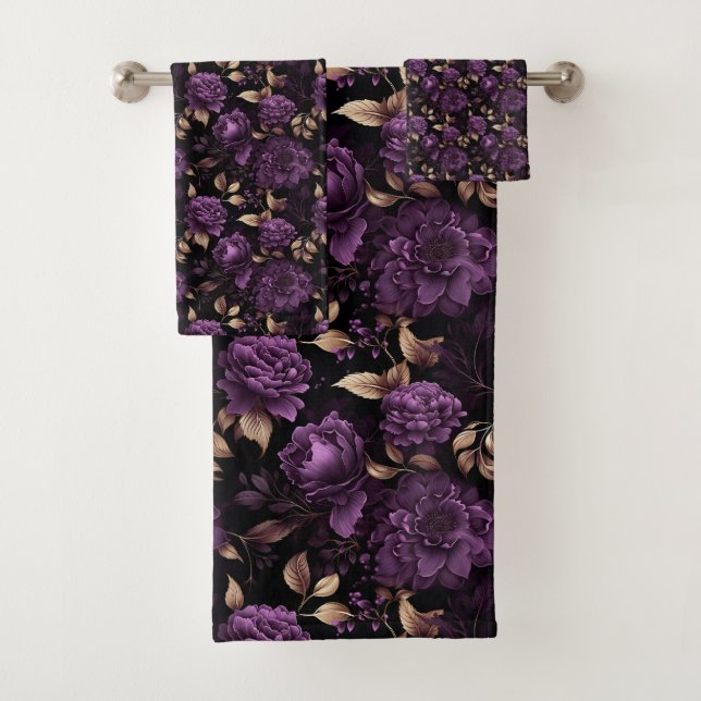 Dunkles botanisches gotisches Violett- und Goldmus Badhandtuch Set (Insitu)