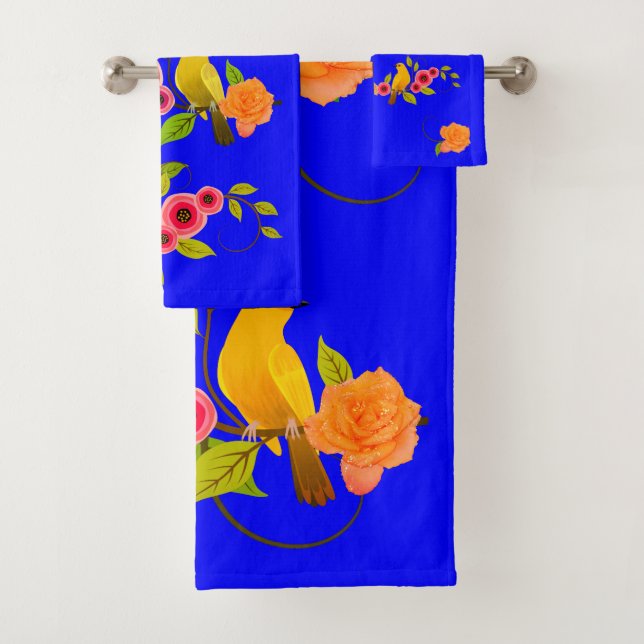 Dunkles Bright Blue - Bird & Yellow Rose Badhandtuch Set (Insitu)