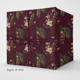 Dunkles Burgund Elegantes Vintage Pferd Floral Geschenkpapier