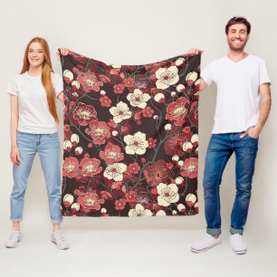 Dunkles Burgunder-Sakura-Blüten-Korallen-Blütenmus Fleecedecke