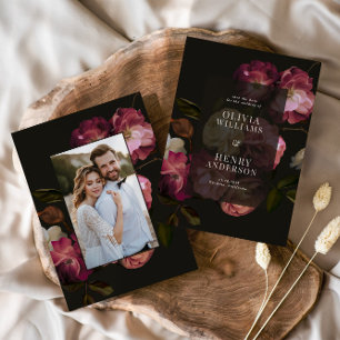 Dunkles Burgunderrot Florales Moody Schwarz Elegan Save The Date