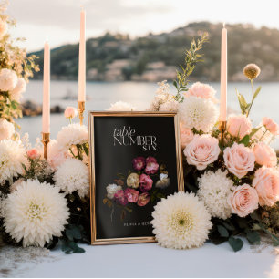 Dunkles Burgunderrot Florales Moody Schwarz Elegan Tischnummer