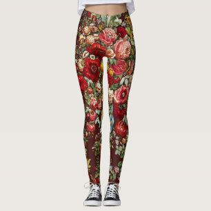 Dunkles Burgunderrot viktorianisches Rosen-Blumenb Leggings