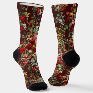 Dunkles Burgunderrot Viktorianisches Rosen-Blumenb Socken