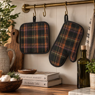 Dunkles Cottagecore Schwarz Rost Herbst Karo Ofenhandschuh & Topflappen-Set
