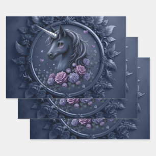 Dunkles Einhornportrait in einem runden Rahmen Geschenkpapier Set