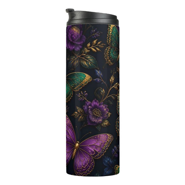 Dunkles elegantes Schmetterlingsmuster Thermosbecher (Nach rechts gedreht)