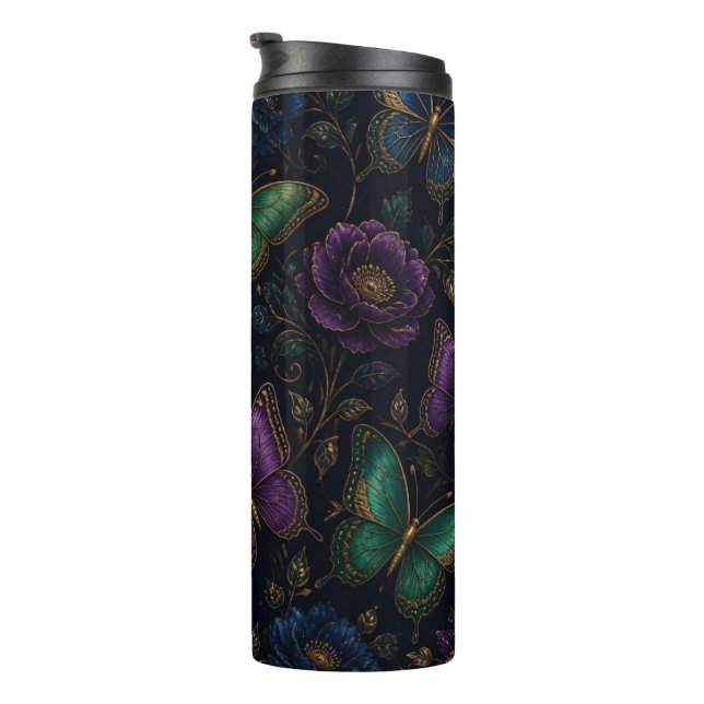 Dunkles elegantes Schmetterlingsmuster Thermosbecher (Nach rechts gedreht)