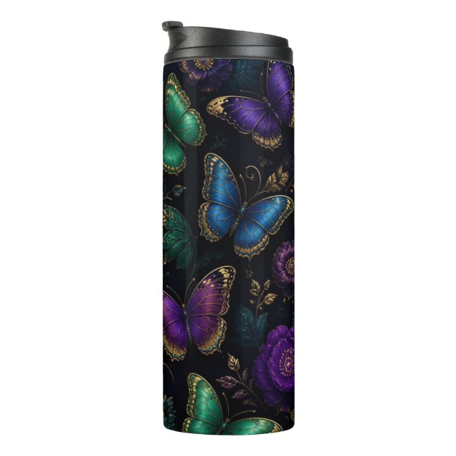 Dunkles elegantes Schmetterlingsmuster Thermosbecher (Nach rechts gedreht)