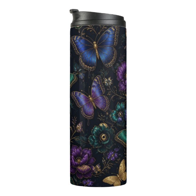 Dunkles elegantes Schmetterlingsmuster Thermosbecher (Nach rechts gedreht)