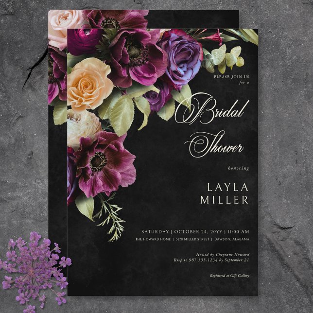 Dunkles Elegantes Schwarzes Dramatisches Brautpart Einladung (Dark Elegant Black Dramatic Floral Bridal Shower Invitation)