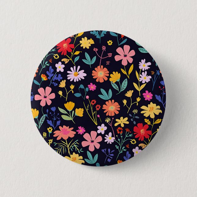Dunkles farbenfrohes Ditsy-Blumenmuster im Boho-St Button (Vorderseite)