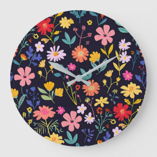 Dunkles farbenfrohes Ditsy-Blumenmuster im Boho-St Große Wanduhr