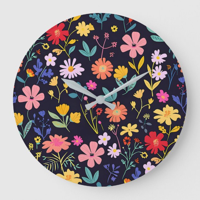 Dunkles farbenfrohes Ditsy-Blumenmuster im Boho-St Große Wanduhr (Vorderseite)