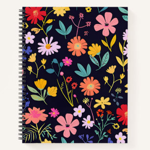 Dunkles farbenfrohes Ditsy-Blumenmuster im Boho-St Notizbuch