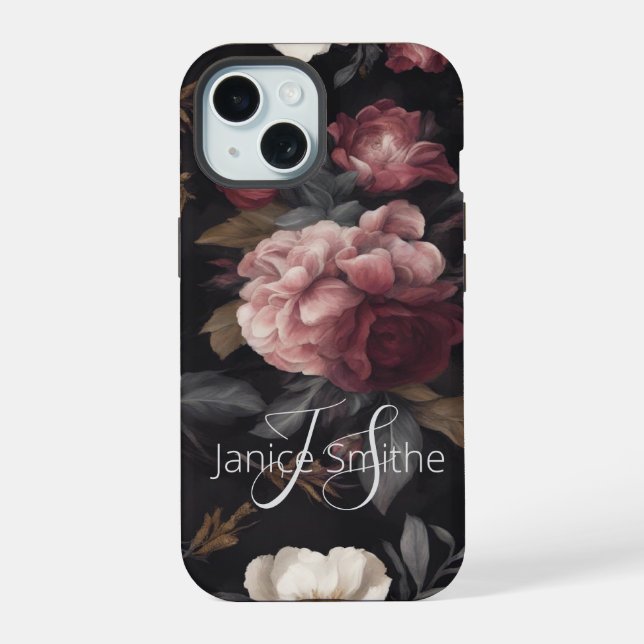 Dunkles florales Monogramm iPhone 15 Hülle (Rückseite)