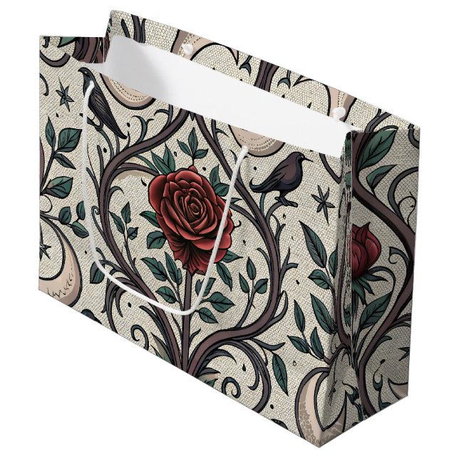 Dunkles Gothic-Rosen-Muster (1) Große Geschenktüte (Vorderseite Schrägansicht)